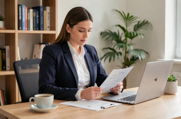 Femme professionnelle révisant son CV à un bureau moderne pour optimiser sa recherche d'emploi en 2024