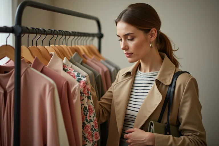 Femme élégante en trench beige faisant du shopping tendance dans une boutique moderne aux meubles en bois