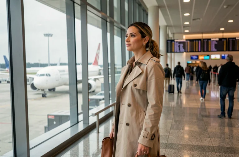Femme voyageuse dans un terminal d'aéroport international consultant le tableau des départs, tendances voyage 2024