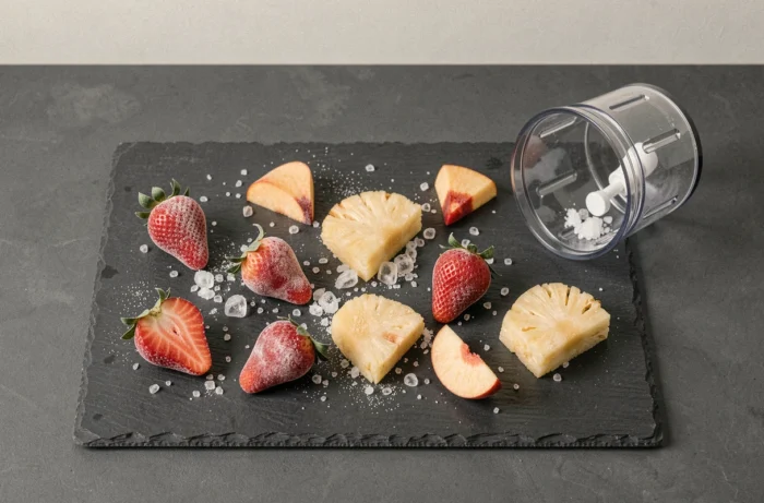 Vue de dessus de fruits congelés variés disposés sur une ardoise sombre à côté d'un blender pour illustrer les astuces de mixage