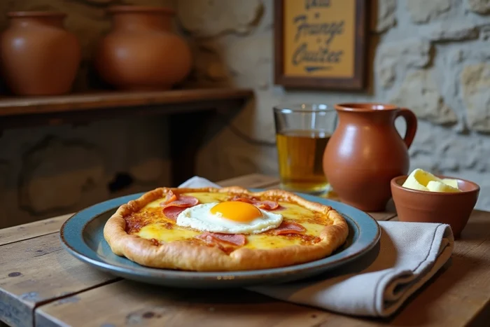Galette de sarrasin bretonne garnie au fromage, jambon et œuf servie sur une assiette en céramique dans une crêperie rustique du Finistère
