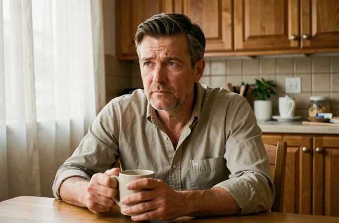 Homme pensif attablé dans une cuisine tenant un café, réfléchissant à la manière de gérer une relation avec une personne ingrate