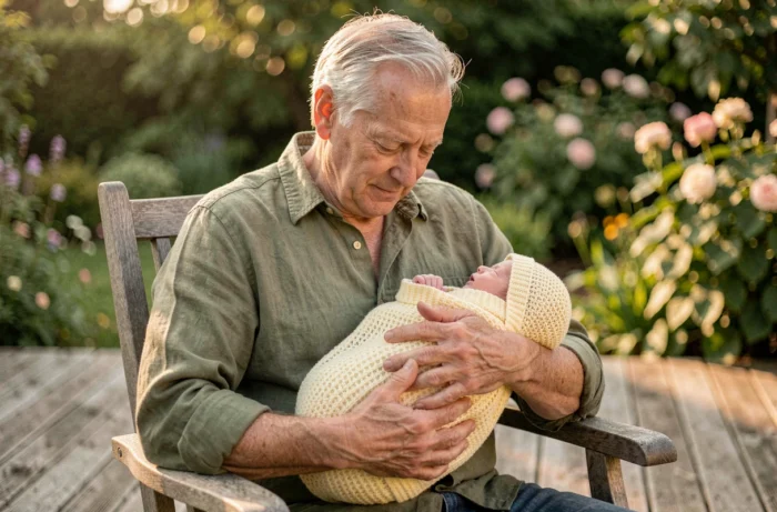 Grand-père ému tenant un nouveau-né dans ses bras dans un jardin paisible en famille