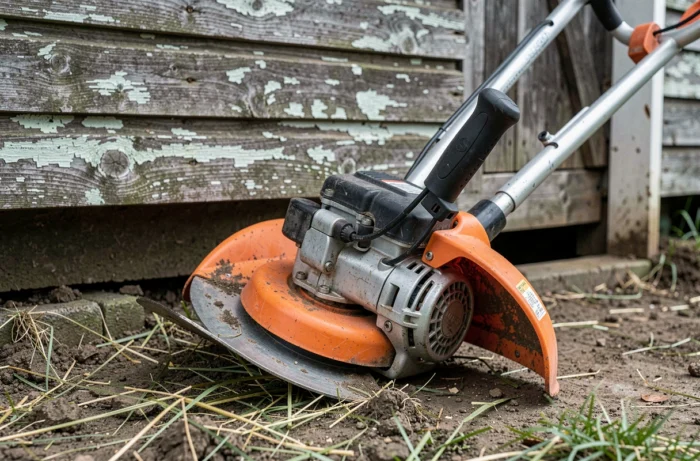 Gros plan sur une débroussailleuse thermique professionnelle posée contre un cabanon de jardin en bois