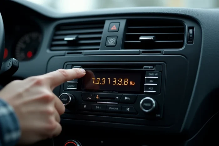 Gros plan sur un autoradio Volkswagen avec saisie du code de déverrouillage sur l'écran