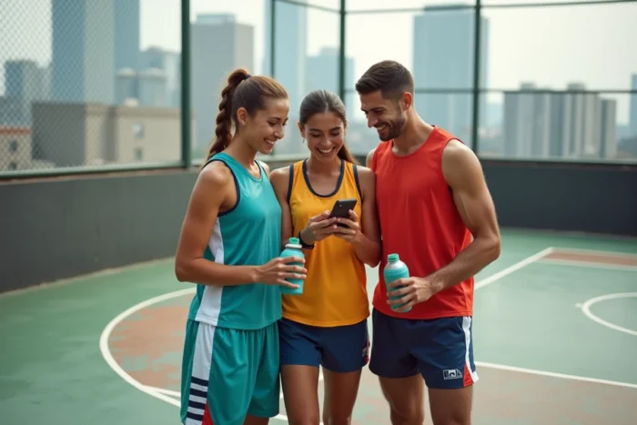 Groupe d'amis en tenue de sport consultant un smartphone après une partie de basketball en plein air