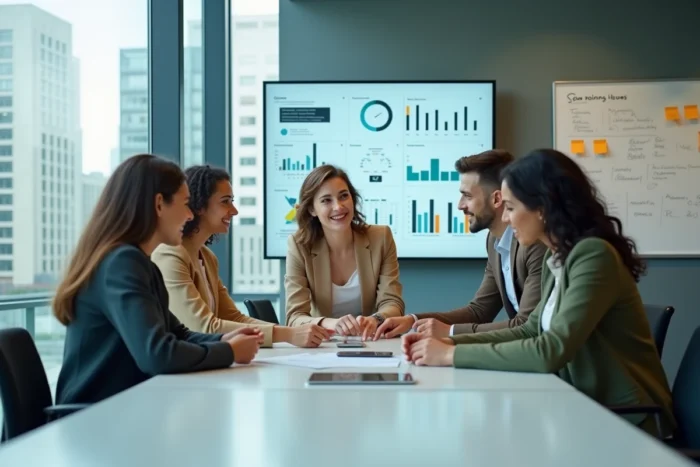Groupe de professionnels collaborant lors d'un atelier de formation numérique en entreprise, illustrant les compétences clés et l'apprentissage collaboratif pour la carrière