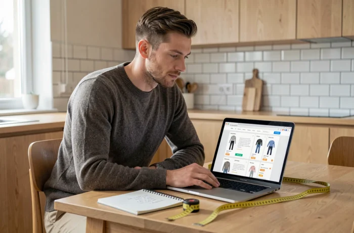 Homme consultant un guide des tailles de vêtements en ligne avec un mètre ruban sur une table