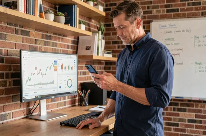 Homme consultant une application de finances personnelles sur smartphone dans un bureau à domicile