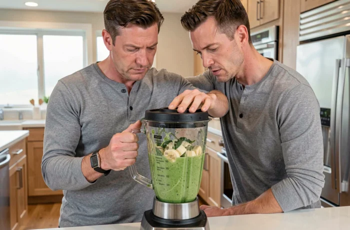 Homme utilisant un blender avec des fruits congelés et des légumes verts dans une cuisine moderne et lumineuse