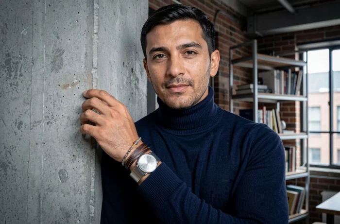 Homme en pull col roulé navy portant des bracelets en argent et cuir dans un loft urbain, montrant comment les bijoux masculins affirment le style et le caractère