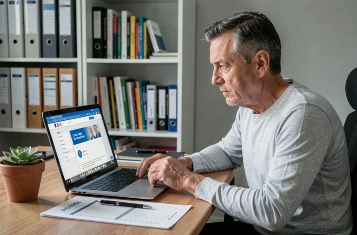 Un homme calcule le tarif ADMR et optimise son financement CESU préfinancé sur son ordinateur dans un bureau à domicile