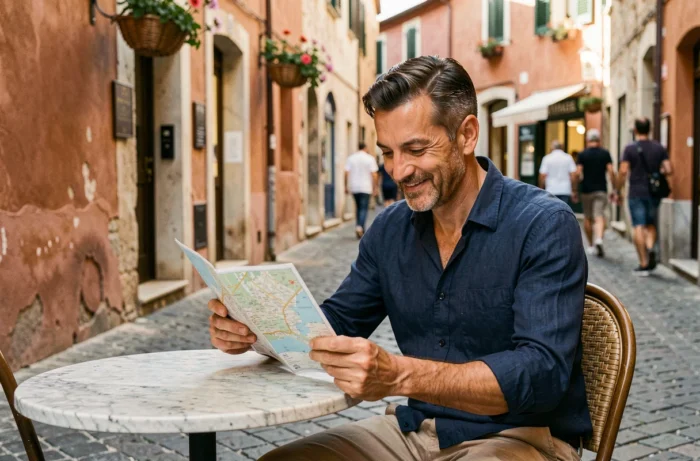 Homme consultant une carte touristique dans une rue pittoresque d'une vieille ville européenne, tourisme international