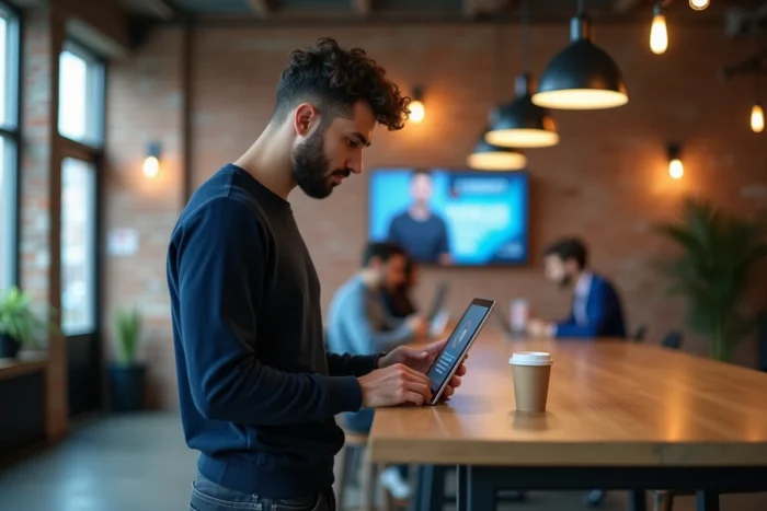 Jeune professionnel utilisant une tablette pour une certification numérique dans un espace de coworking, symbolisant les formations innovantes pour booster sa carrière