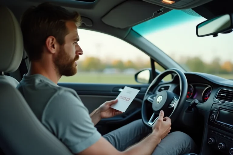 Homme consultant le code de son autoradio Volkswagen assis dans l'habitacle d'une Golf