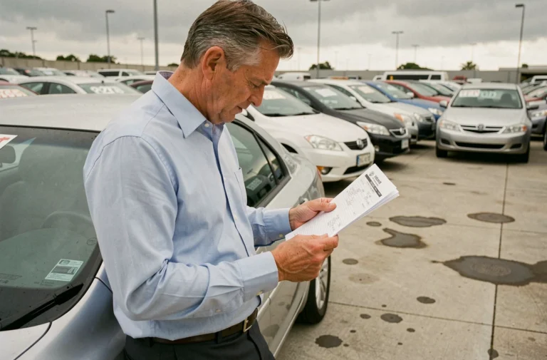 Un homme d'une quarantaine d'années consulte attentivement un rapport d'expertise automobile complet dans un lot de voitures d'occasion