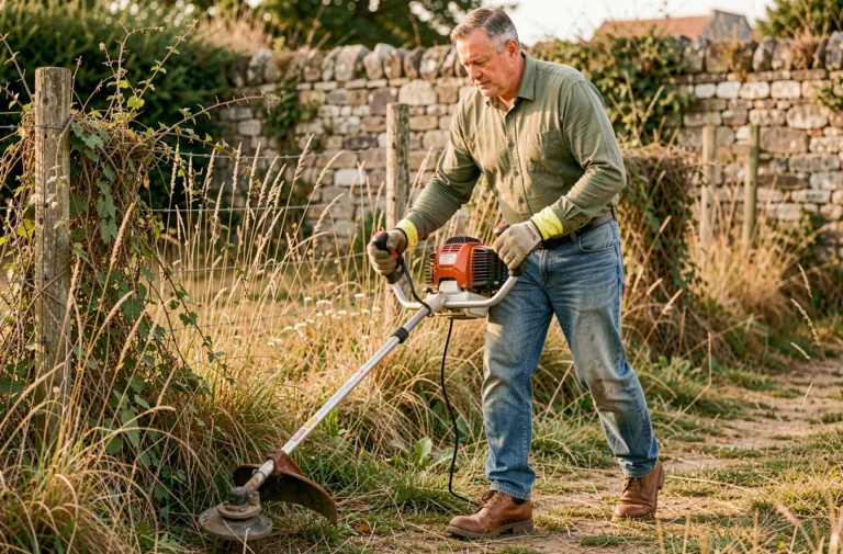 Homme utilisant une débroussailleuse thermique pour entretenir les bords d'un jardin rustique en été