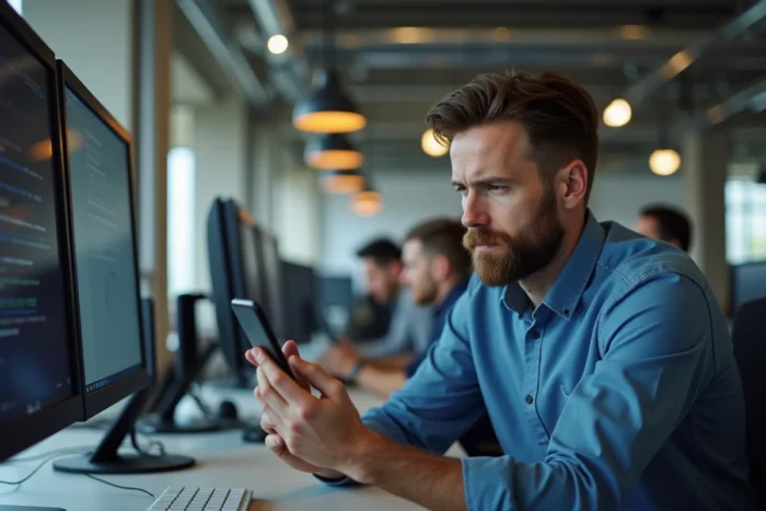 Homme en bureau open-space consultant un guide de dépannage pour résoudre un problème de connexion web