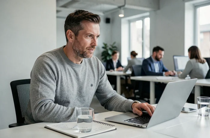 Homme en entretien d'embauche vidéo sur ordinateur portable dans un espace de coworking moderne