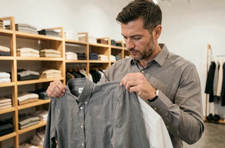 Homme consultant l'étiquette de taille d'une chemise Freeman Porter dans une boutique de vêtements pour hommes