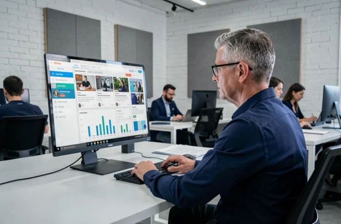 Homme d'âge moyen concentré sur une plateforme de formation en ligne dans un espace de coworking moderne