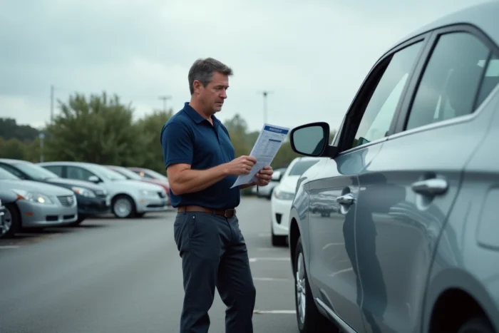 Homme inspectant une voiture d'occasion dans un lot de concessionnaire avec un rapport d'historique du véhicule en main