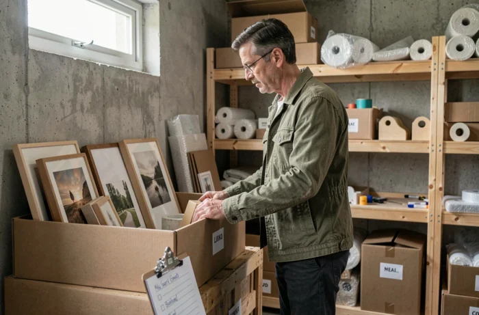 Homme organisant des cadres et objets décoratifs dans des cartons étiquetés dans un espace de stockage avant déménagement