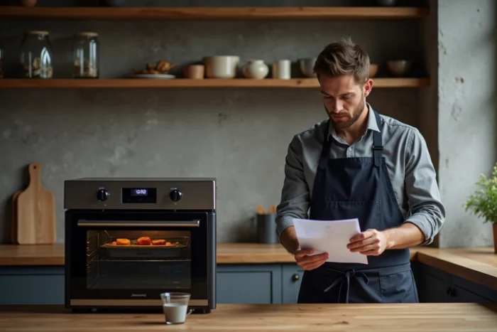 Homme consultant une recette devant un four vapeur posé sur un ilot de cuisine contemporaine avec verre doseur d'eau