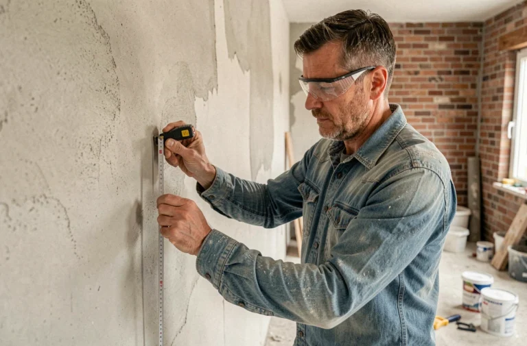 Homme mesurant un mur en cours de rénovation intérieure avec un mètre ruban, dans un appartement partiellement rénové