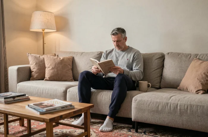 Homme se relaxant sur un canapé modulable dans un salon confortable et bien aménagé