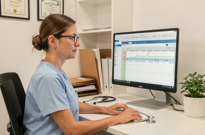 Infirmière utilisant un logiciel de gestion de cabinet médical sur ordinateur