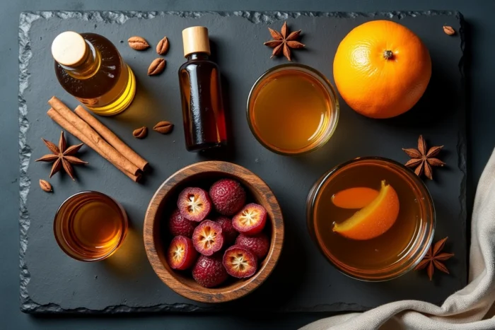 Ingrédients alternatifs à l'alcool pour macérer des fruits : vinaigre de cidre, jus d'orange, épices et fruits secs sur ardoise