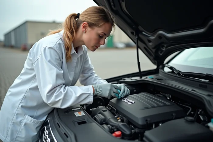 Technicienne inspectant le corps papillon du moteur d'une Audi pour diagnostiquer le voyant EPC allumé