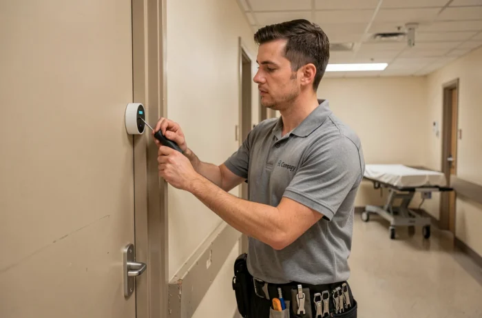 Technicien installant un système de badge électronique sur une porte dans un couloir hospitalier