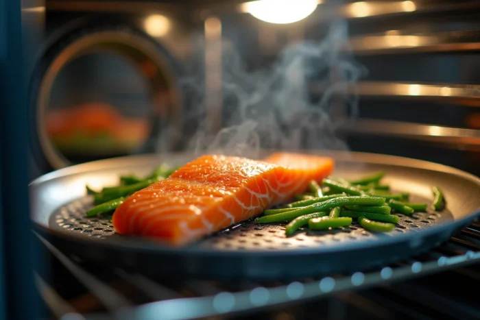 Intérieur d'un four vapeur avec condensation et filet de saumon en cours de cuisson sur grille perforée