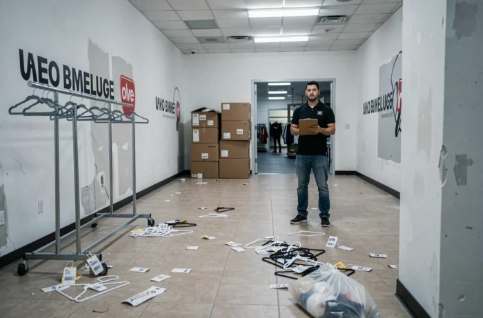 Intérieur vide d'un magasin de mode en cours de fermeture avec portants déplacés et cartons