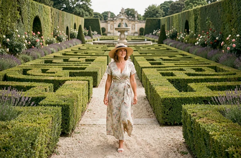 Femme se promenant dans un jardin à la française avec haies de buis taillées et fontaine baroque
