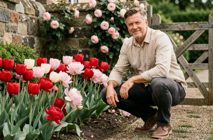 Homme admirant des fleurs dans un jardin anglais de style cottage avec roses grimpantes et portail en bois