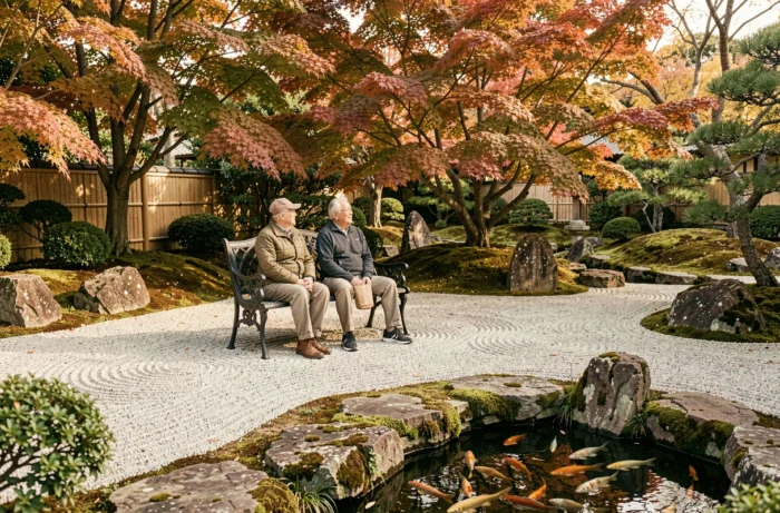 Couple de personnes âgées assis dans un jardin zen japonais avec étang koi et érables en automne