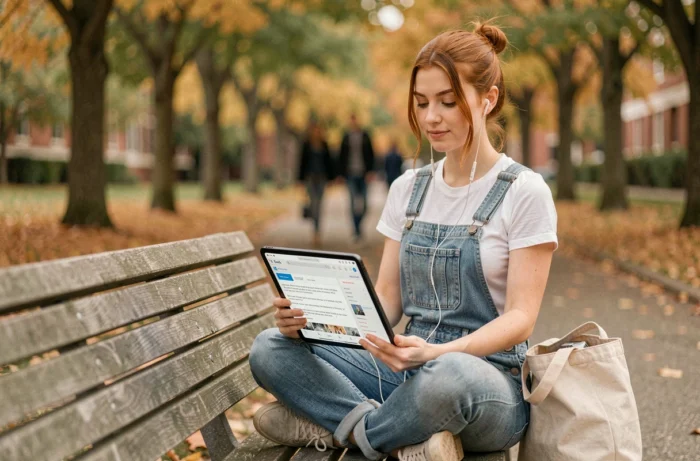 Jeune femme suivant une formation en ligne sur une tablette assise en plein air sur un campus universitaire en automne