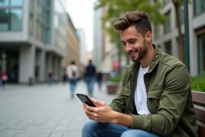 Jeune homme recherchant des offres d'emploi sur smartphone en extérieur dans un cadre urbain moderne