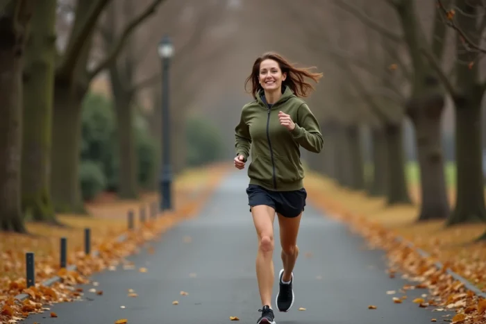 Femme faisant du jogging en plein air dans un parc en automne pour éliminer les kilos dus au stress