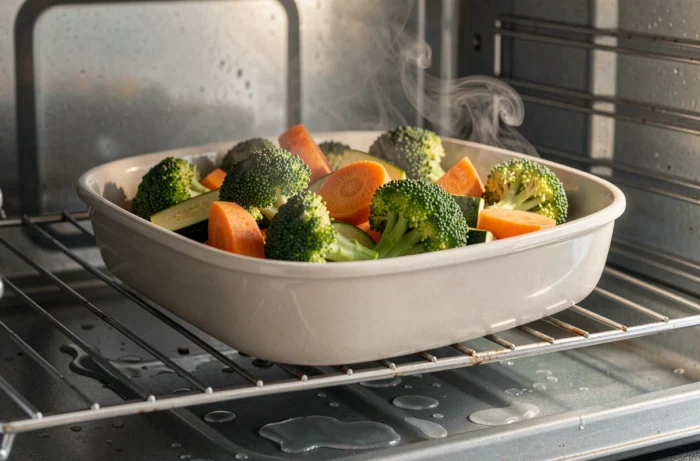 Plat de légumes en cuisson vapeur dans un four avec vapeur visible et grille métallique
