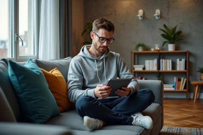 Jeune locataire comparant des offres d'assurance habitation Foncia sur une tablette dans son studio moderne