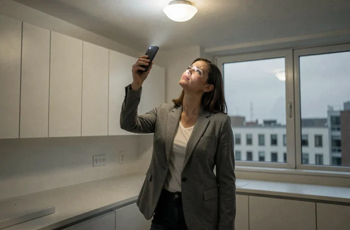 Locataire utilisant son smartphone comme lampe de poche lors d'un état des lieux sans électricité dans une cuisine vide