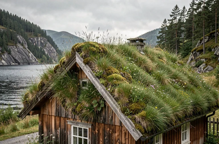Maison norvégienne traditionnelle en bois avec un toit végétal recouvert d'herbe et de fleurs sauvages dans un paysage de fjord