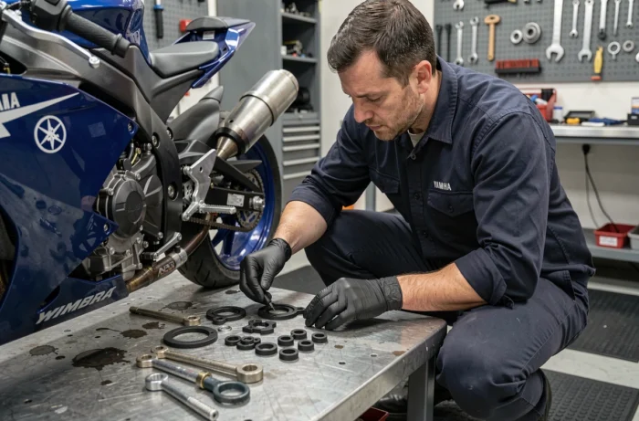 Mécanicien installant un kit de dérestriction sur une Yamaha R6 en atelier pour conformité permis A2
