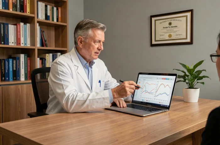 Médecin expliquant à son patient les causes possibles d'un taux de gamma GT élevé sans consommation d'alcool sur un graphique médical