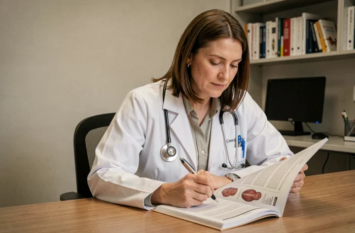 Médecin consultante étudiant un guide médical de référence dans son cabinet professionnel