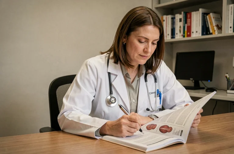 Médecin consultante étudiant un guide médical de référence dans son cabinet professionnel
